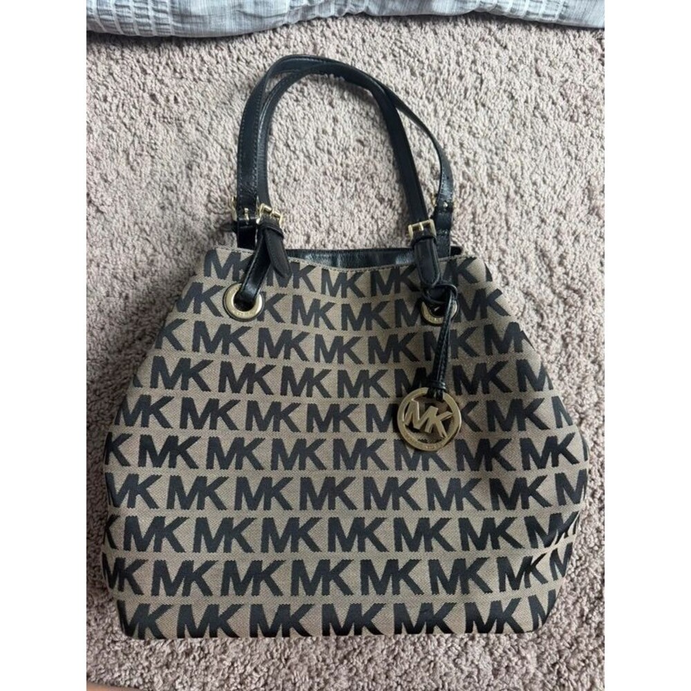 Michael Kors MK Monogram Jacquard Tote Shoulder Bag Black Tan Gold Hardware